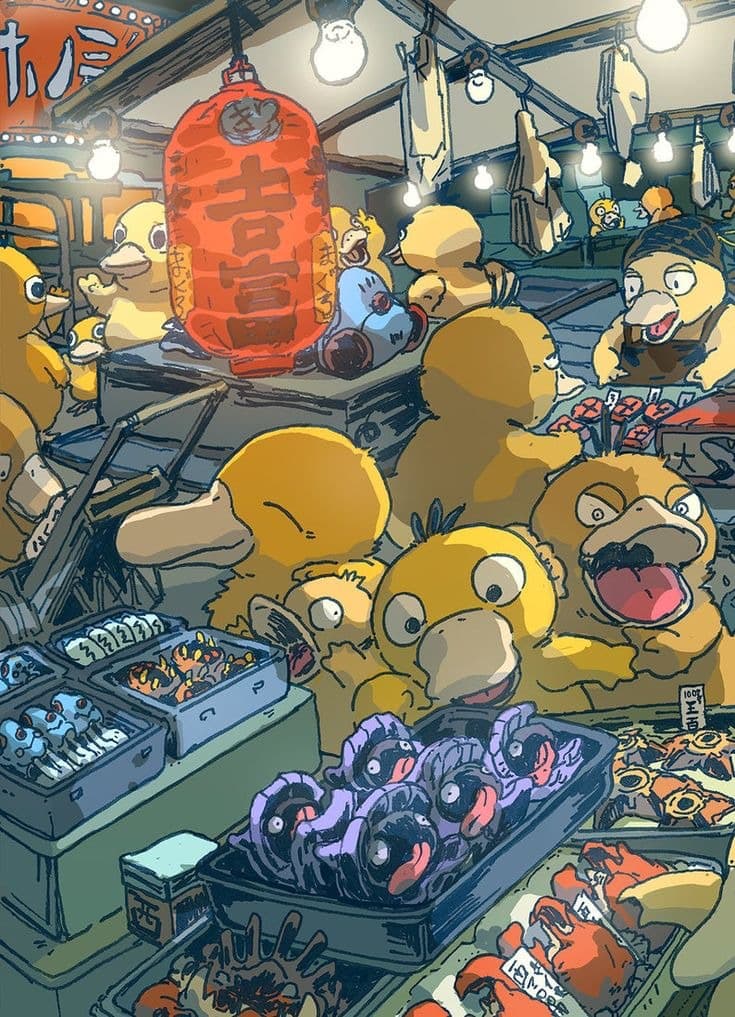 Psyduck festival market scene
